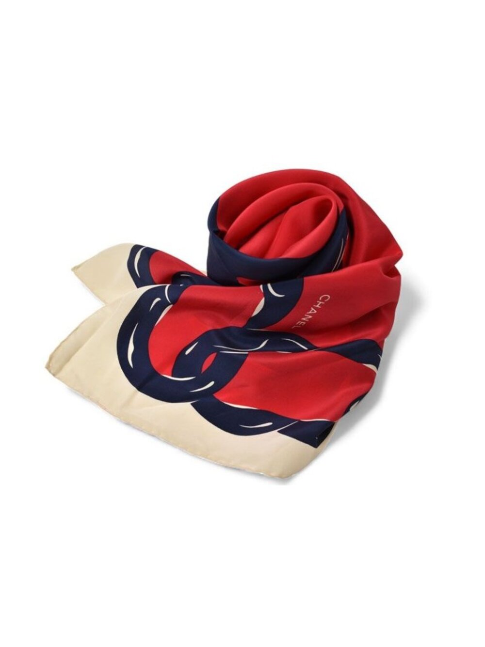 Chanel Scarf Shawl Vintage Coco Mark Chain Pattern Silk White Red - Picture 2 of 9